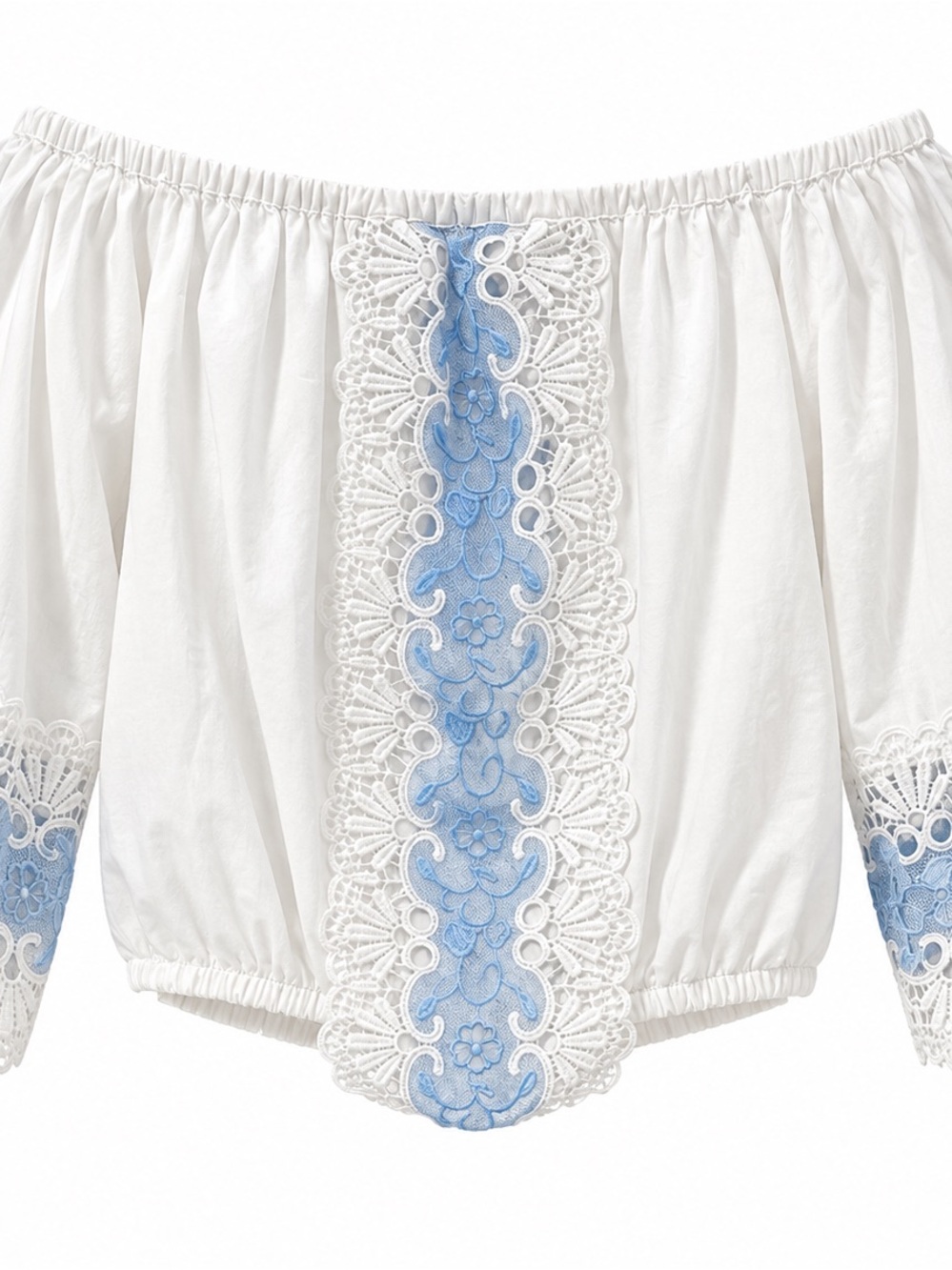 Off-Shoulder White Peasant Top with Blue Lace Detail